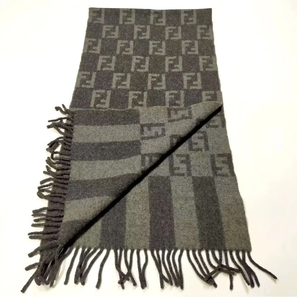 Auth Fendi Shades of Gray Print Wool Scarf Muffler Stole